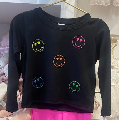 Black Long Sleeve T-Shirt With Multicolor Smiley