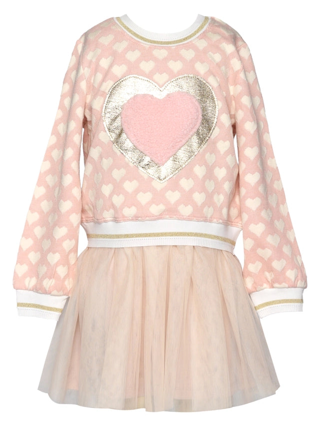 L/S TWOFER DRESS W/ FAUX LEATHER AND FAUX FUR HEART TRIM W/ MESH SKIRT - PINK MULTI