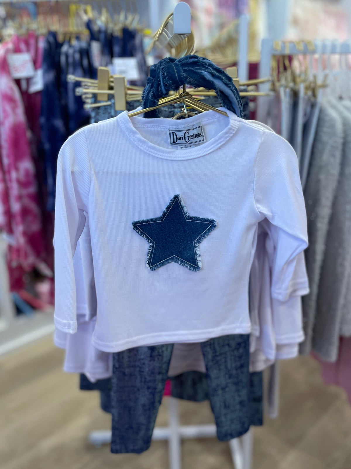 White Long Sleeve Ribbed T-Shirt w/Star Detail