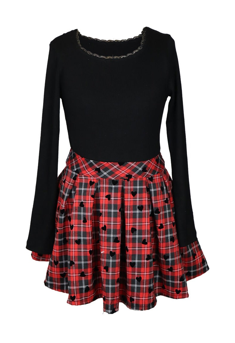 Black Ribbed Long Sleeve Top and Red/Black Check Hearts Dress