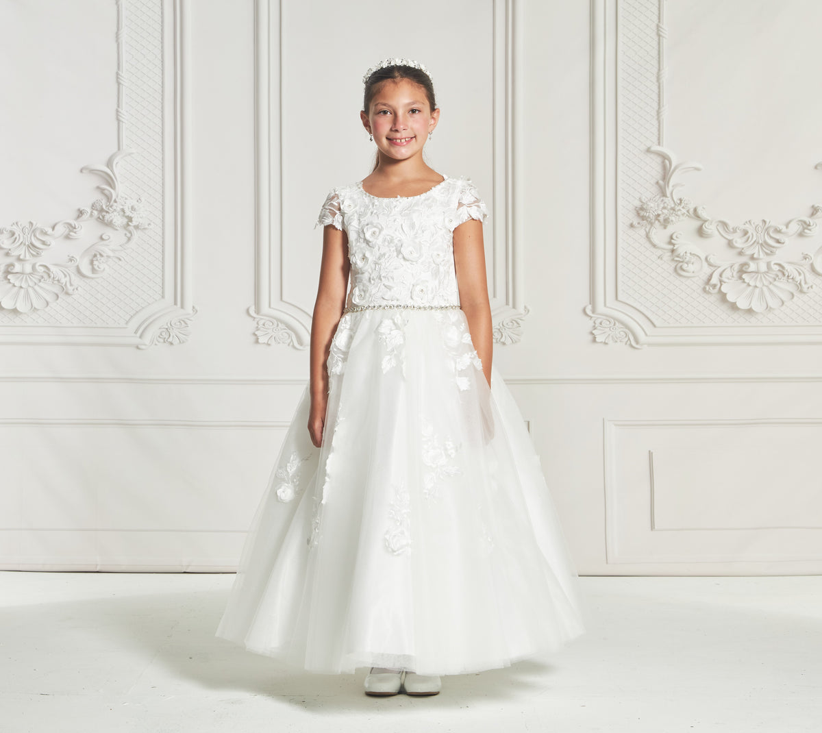 #1980T- (IV) Ivory Cap Sleeve Dress w/3D Flower Lace Top & Lace Tulle Skirt w/jeweled Belt & Neckline