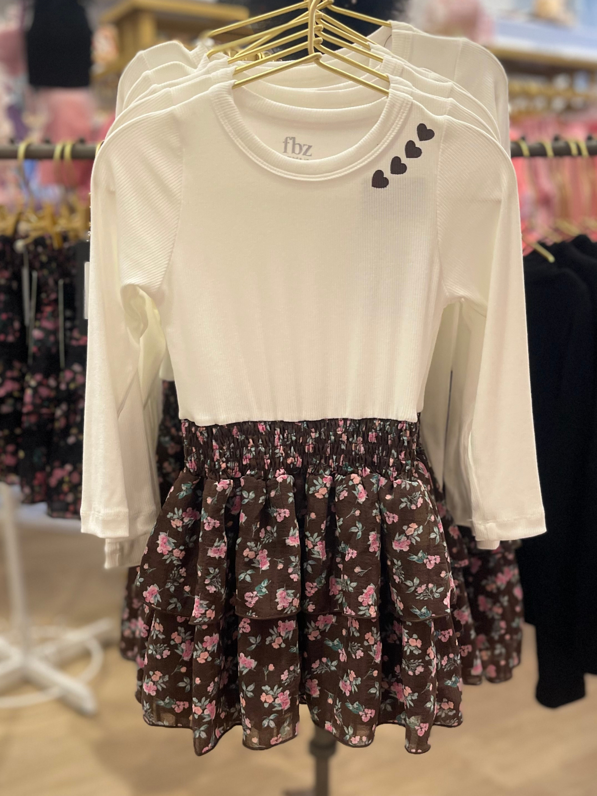 Dress w/ Ribbed Ivory Top and Brown/Pink Flower Skirt