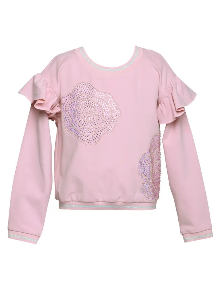 RHINESTONE ROSE SWEATSHIRT W/ SHOULDER RUFFLE - PINK