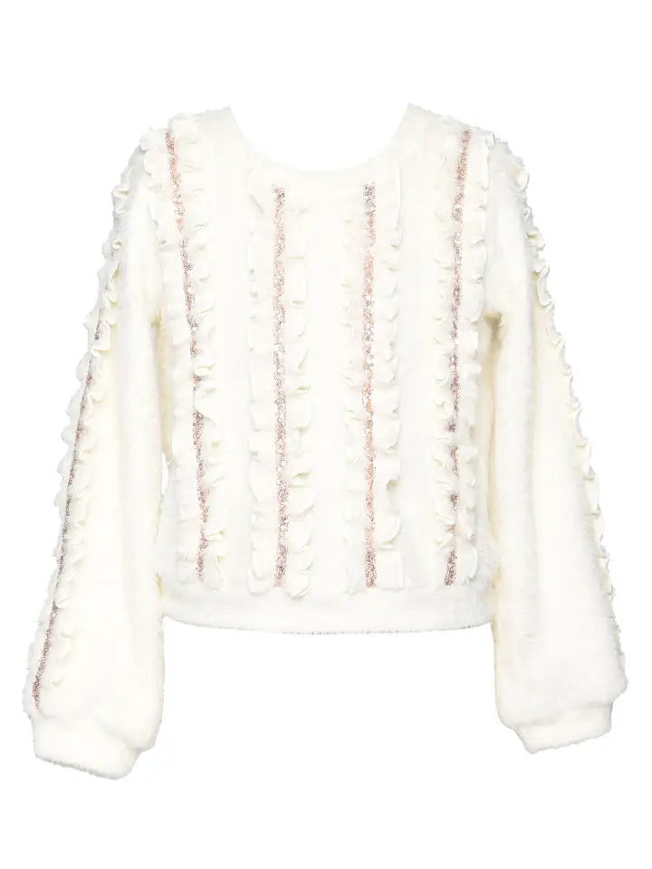 FUZZY KNIT L/S SWEATER WITH SEQUIN RUFFLES - IVORY