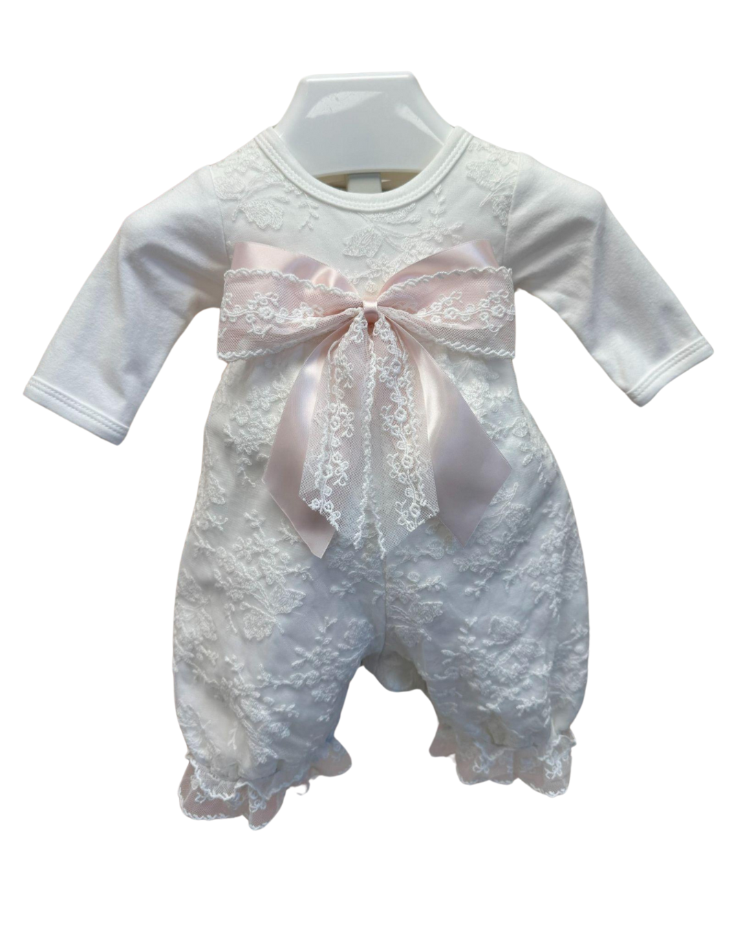 Long Sleeve Pink Bow Lace Romper