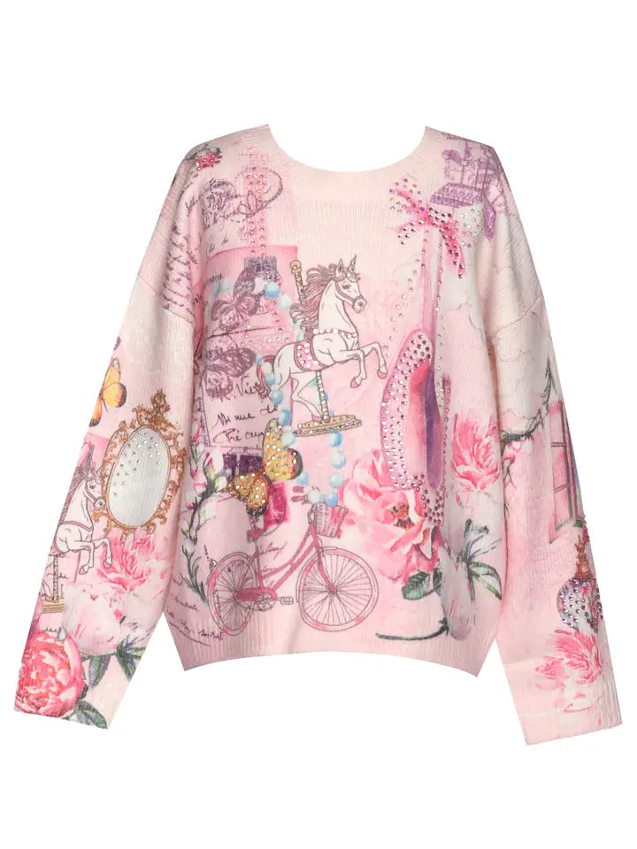 Pink Multi Vintage Ballet Print Sweater Top