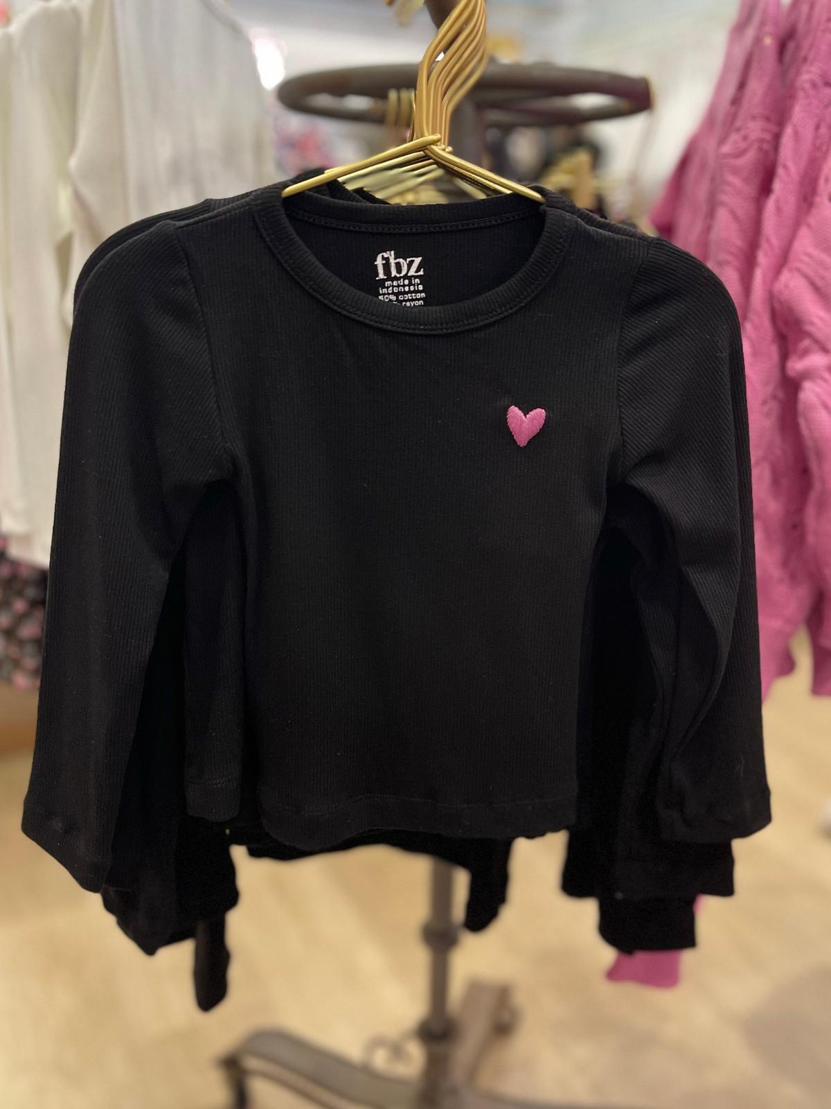 Black Long Sleeve Ribbed Top with Heart Detail on Collar