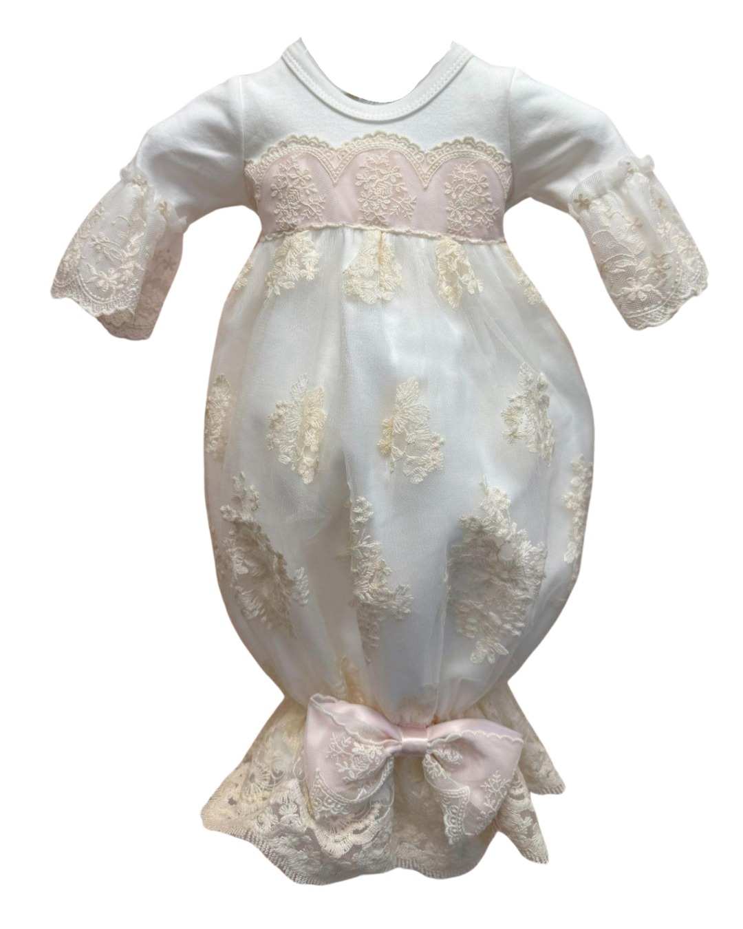 Belt L/S Pink Belt Cream Lace Sack Gown