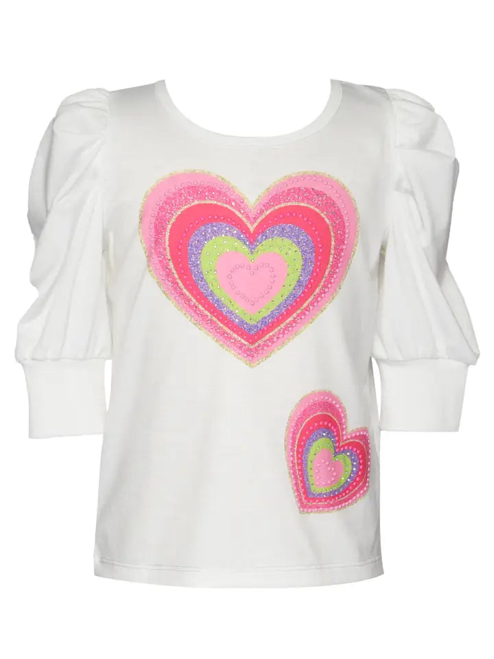 HEART PRINT TOP W/ PLEATED SLEEVE DETAIL - WHITE MULTI
