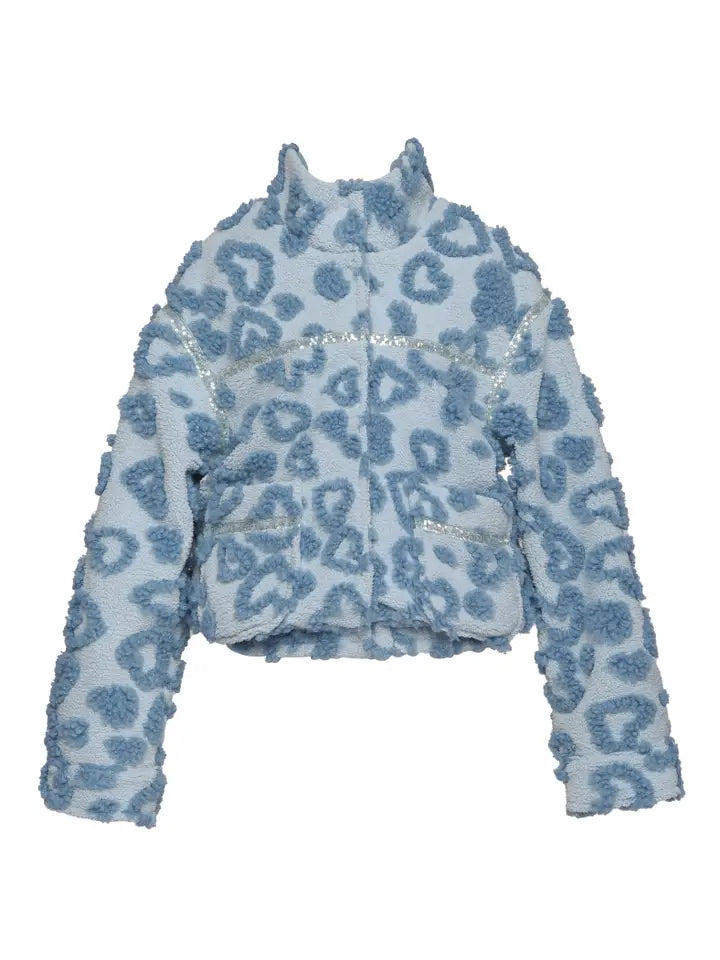 HEART EMBOSSED FAUX SHERPA JACKET - BLUE