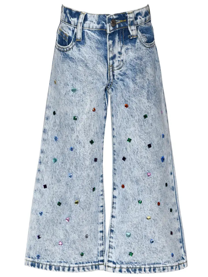 Blue Acid Wash Denim Pants w/ Rhinestones