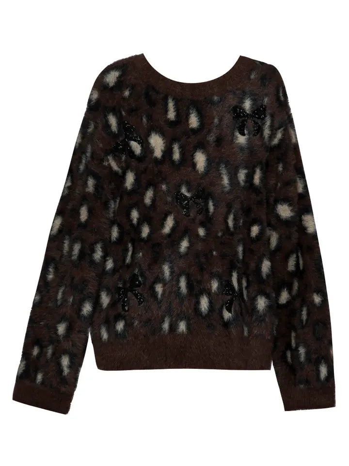 FUZZY CHEETAH SWEATER W/ BOW APPLIQUES - BROWN