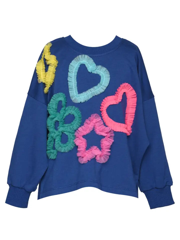 L/S TOP W/ MESH HEART, STAR, FLOWER DETAILS - BLUE MULTI
