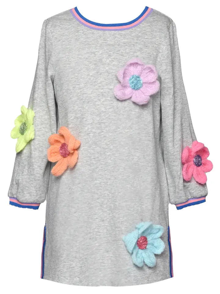 L/S DRESS W/ 3D FLOWERS - GRAY