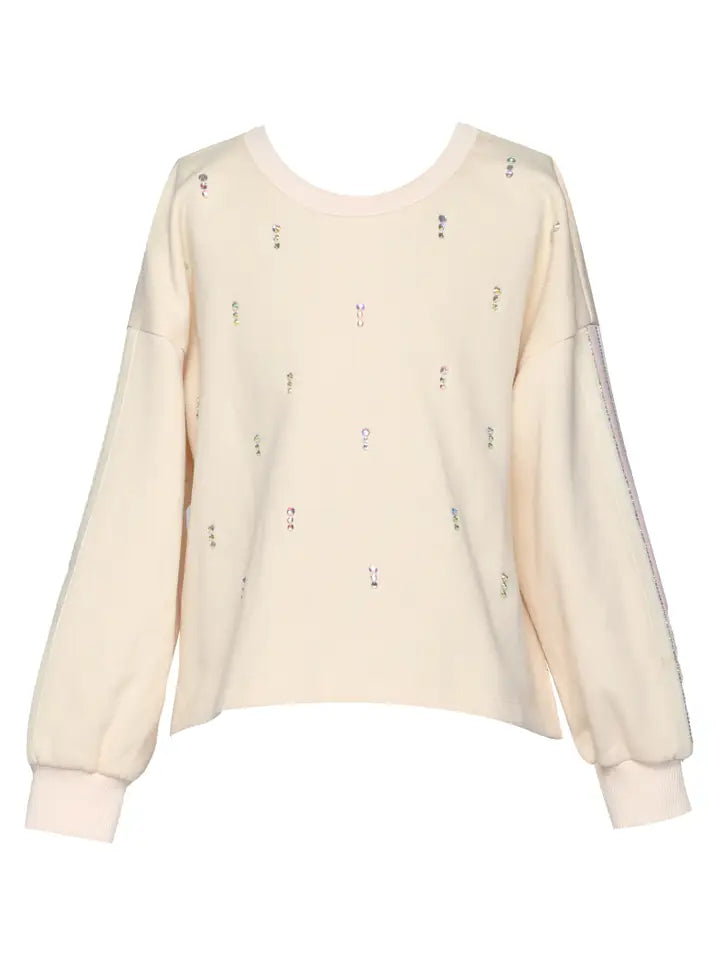 Ivory French Terry Sweatshirt  w/Rhinestone Embellishments