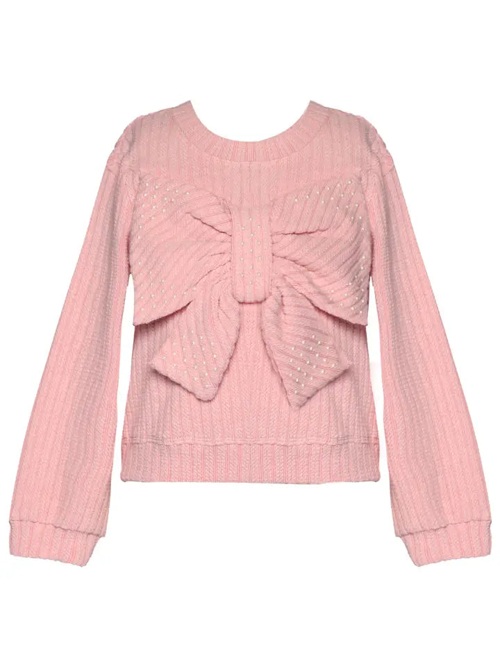 L/S BOW TOP W/ PEARL HOTFIX - PINK