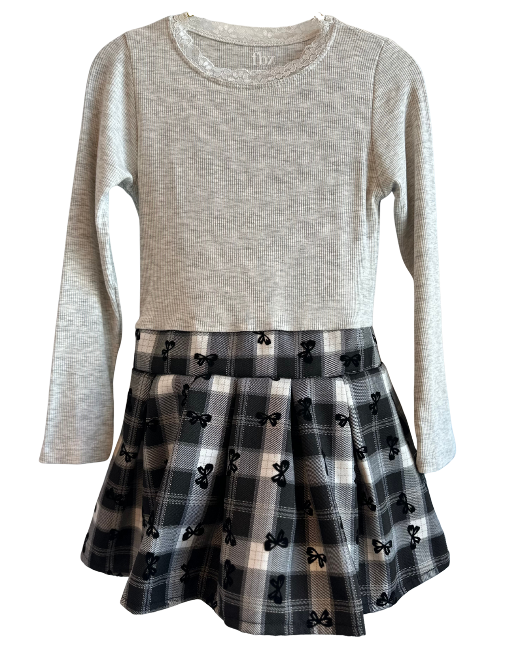 Dress w/Grey Ribbed Top and Black Check and Flower Skirt