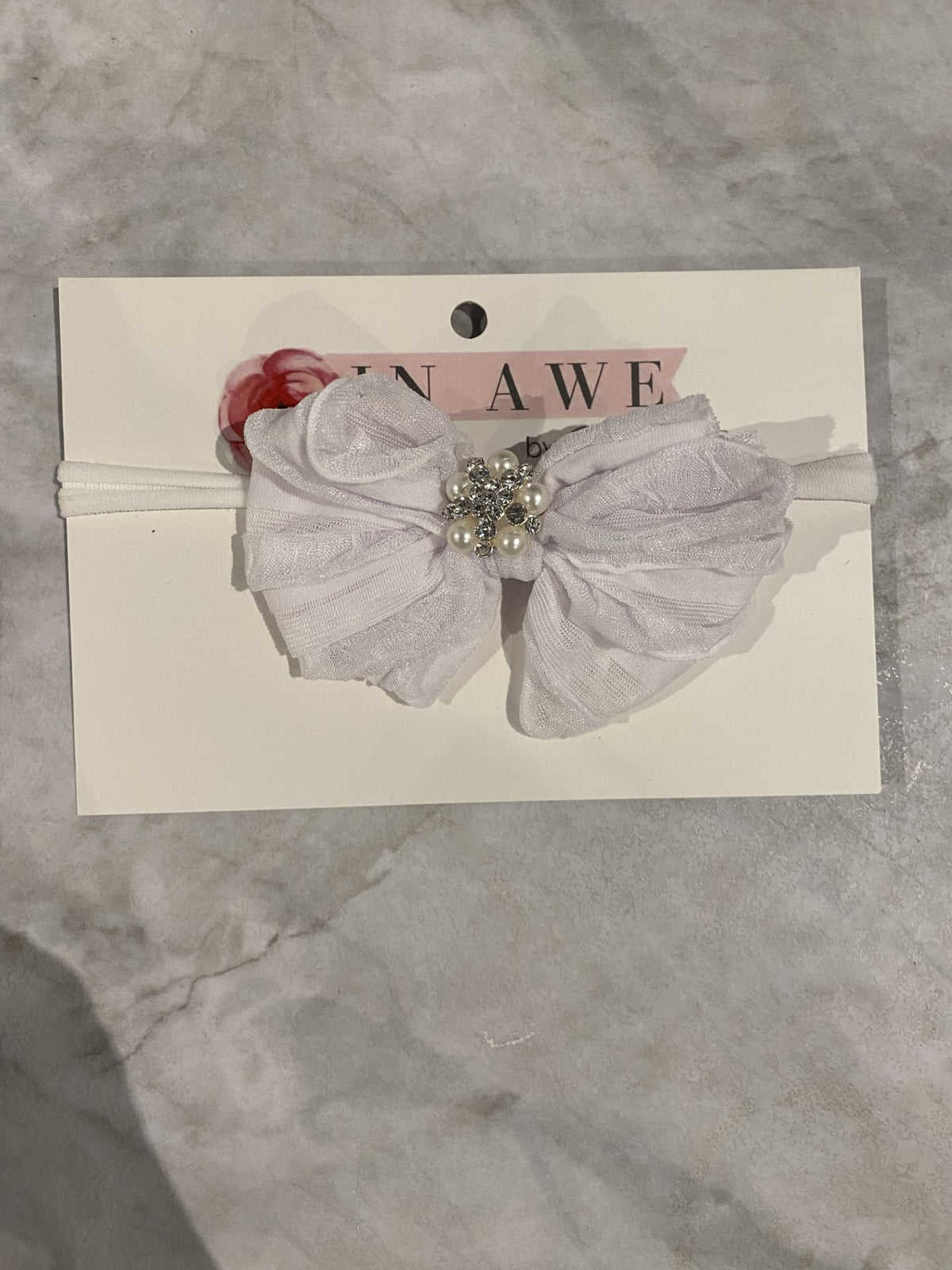 White Mini Ruffle Headband w/Rhinestone & Pearl Center