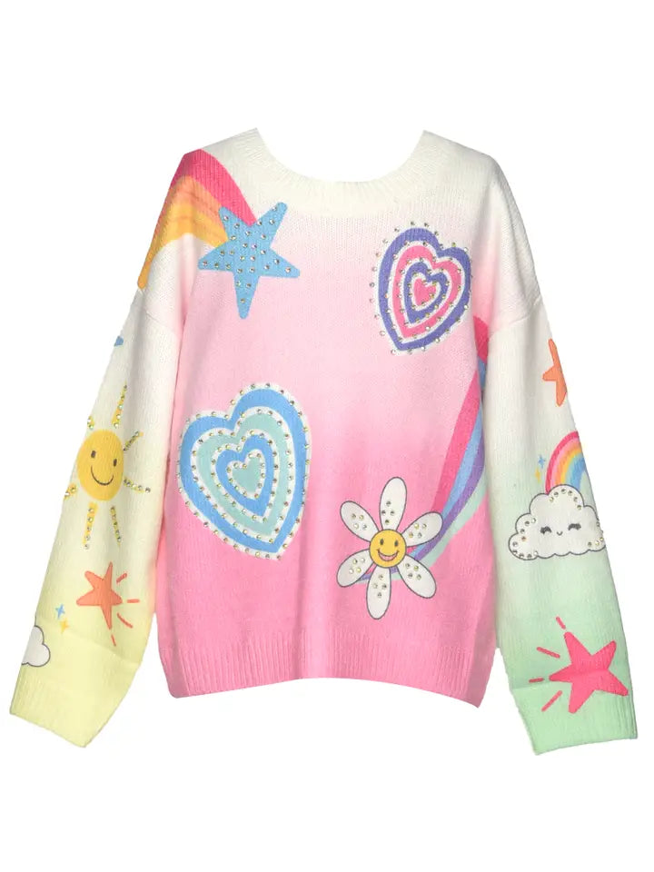 Pink Multi Icon Print Sweater w/Rhinestone Detail