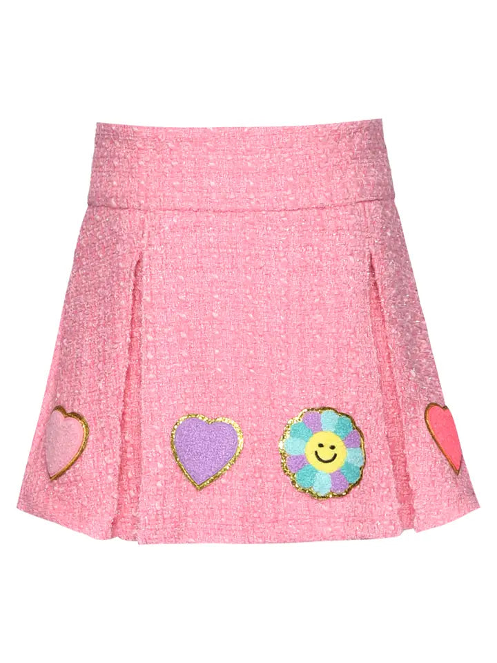TWEED PLEATED SKIRT W/ PATCH DETAIL - PINK