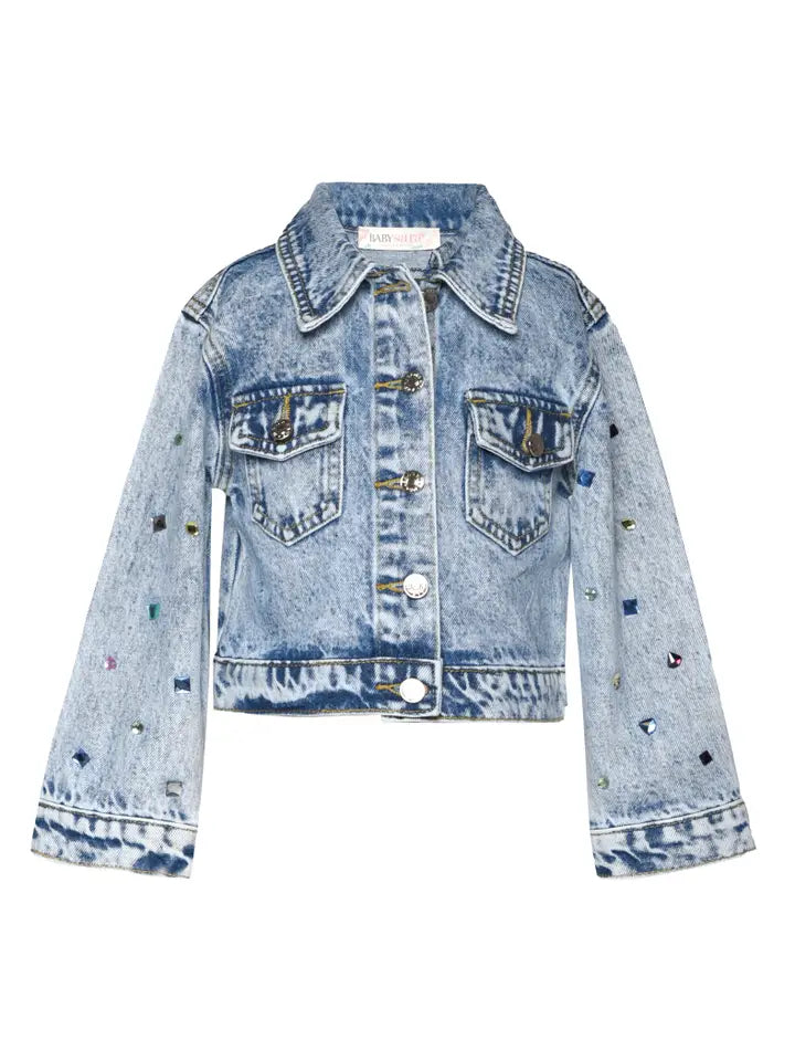 Acid Wash Denim Jacket w/Rhinestone Sleeve Detail