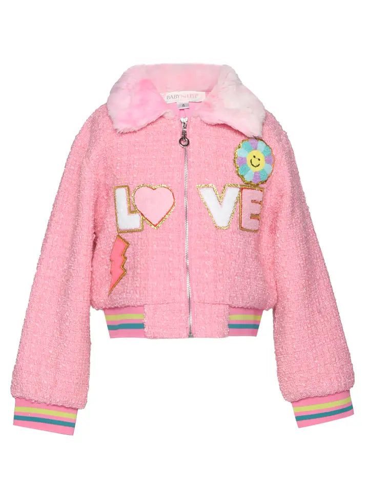 TWEED BOMBER JACKET W/ FAUX FUR COLLAR AND LOVE TRIM DETAIL - PINK