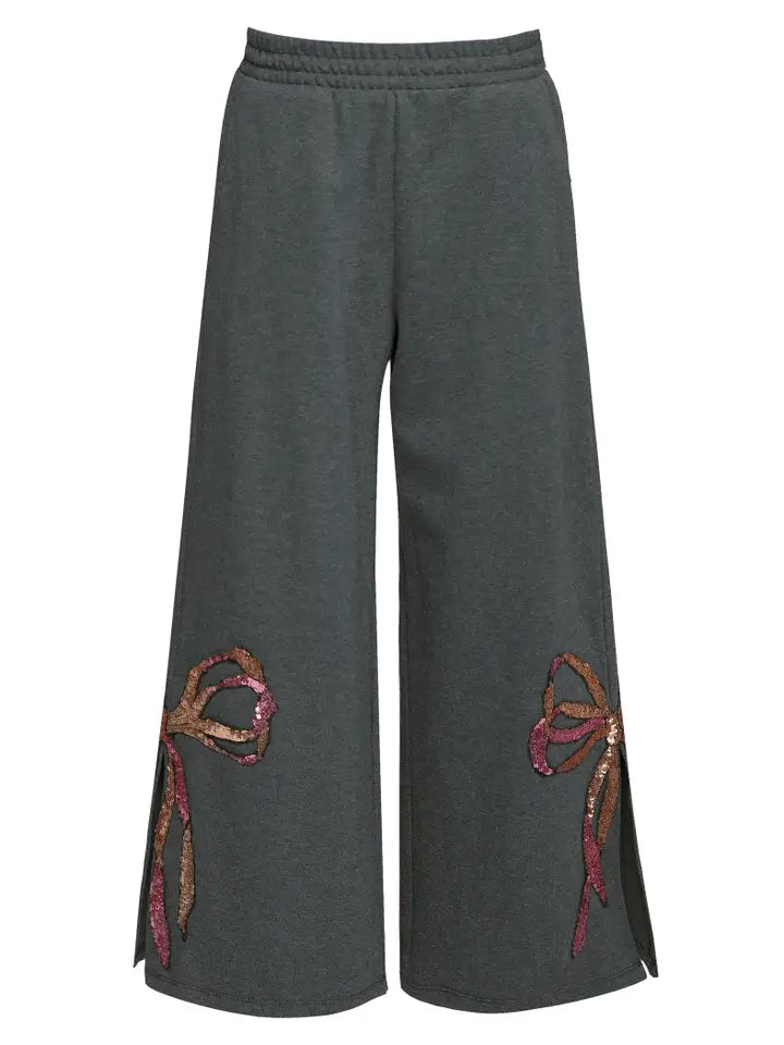 Charcoal Sequin Bow Knit Pants w/Side Leg Slit