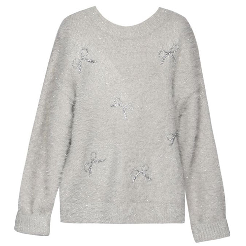FUZZY METALLIC SWEATER W/ SEQUIN BOWS - GREY