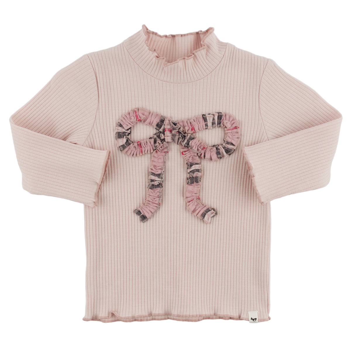 Dusty Pink Tartan Ruffle Bow Mockneck Long Sleeve Top