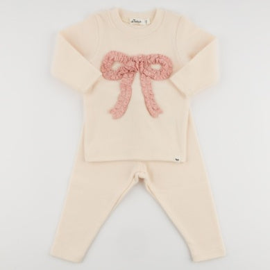 Pink Rib Ruffle Bow Baby Rib 2pc Set - Natural
