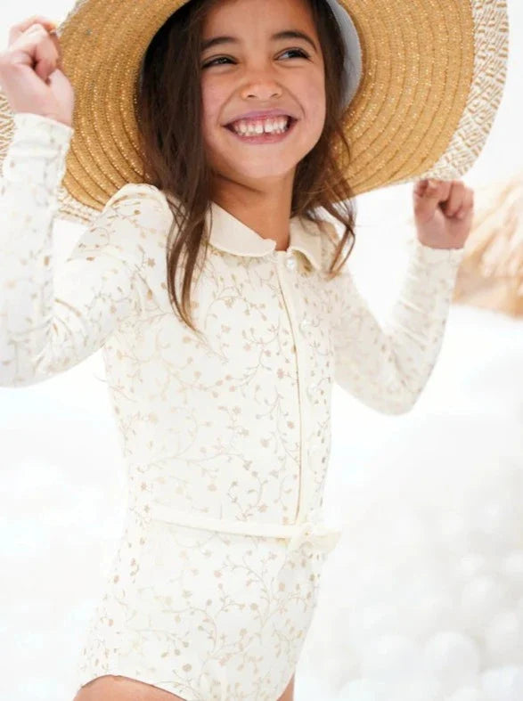 Ziara LS Pearled Ivory Bathing suit w/Gold Print & Pearl Buttons