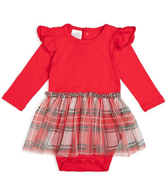 Christmas Plaid Long Sleeve Tutu Bodysuit- Red/Plaid
