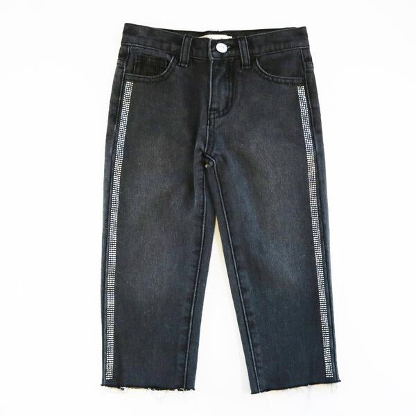 Rhinestone Stripe Wide Jeans- Black