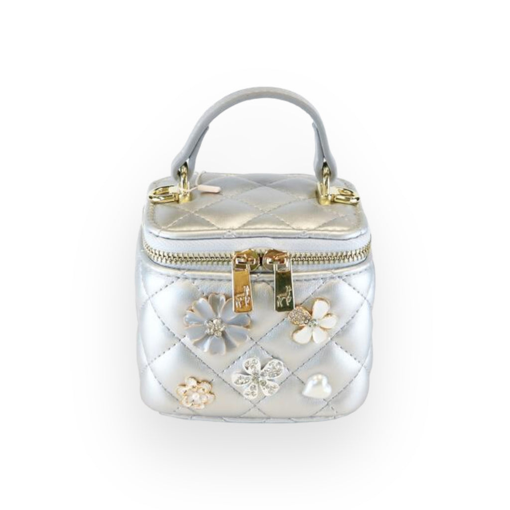 Quilted Top-Handle Bag w/Charms-Silver