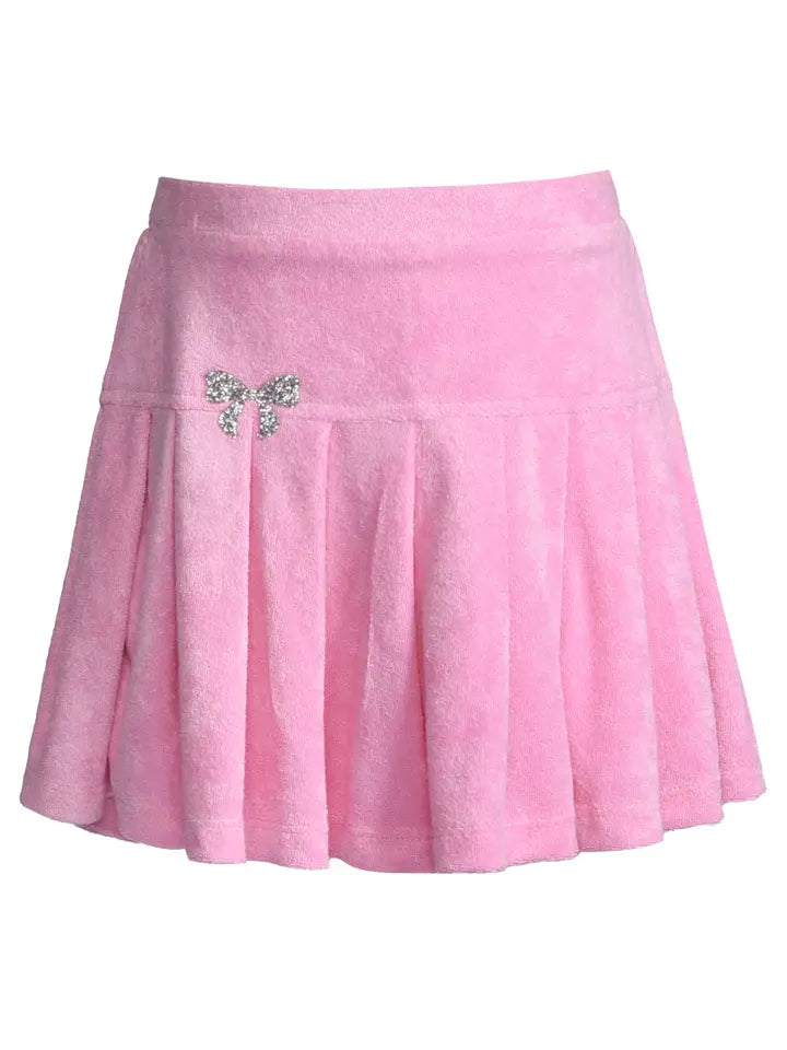 Pink Terry Drop Waist Pleated Skirt w/ Sparkle Bow Trim