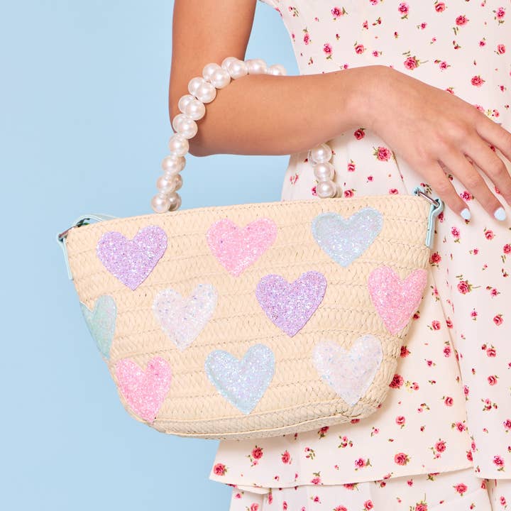 Glitter Hearts Straw Pearl Handle Tote Bag