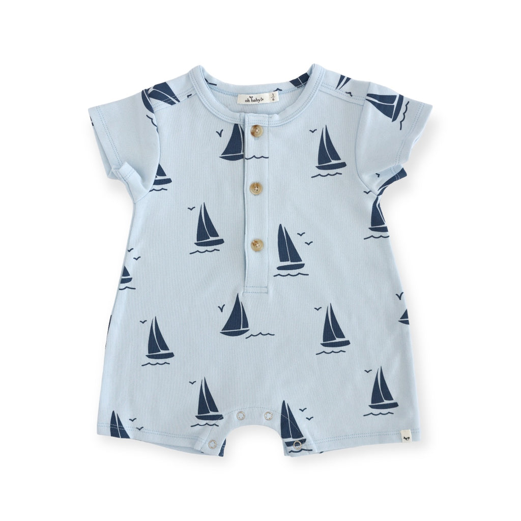 Denim Sailboat Print SS Button Neck Romper- Sky Blue