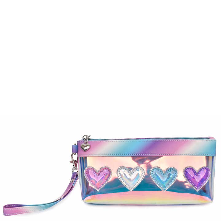 Metallic Hearts Glazed Clear Slim Pencil Pouch Wristlet