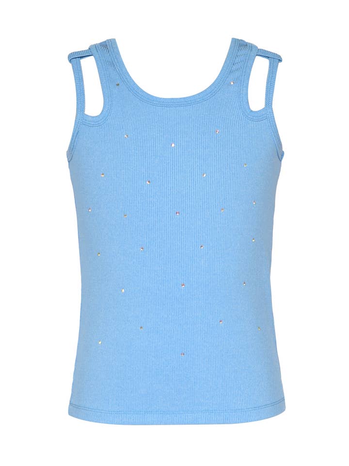 Blue Double Strap Rib Tank Top w/Rhinestones