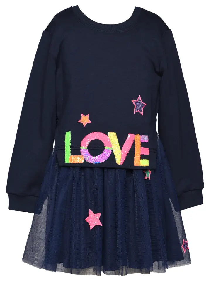 Navy L/S Twofer Tutu Dress w/LOVE & Star Sequin Patch