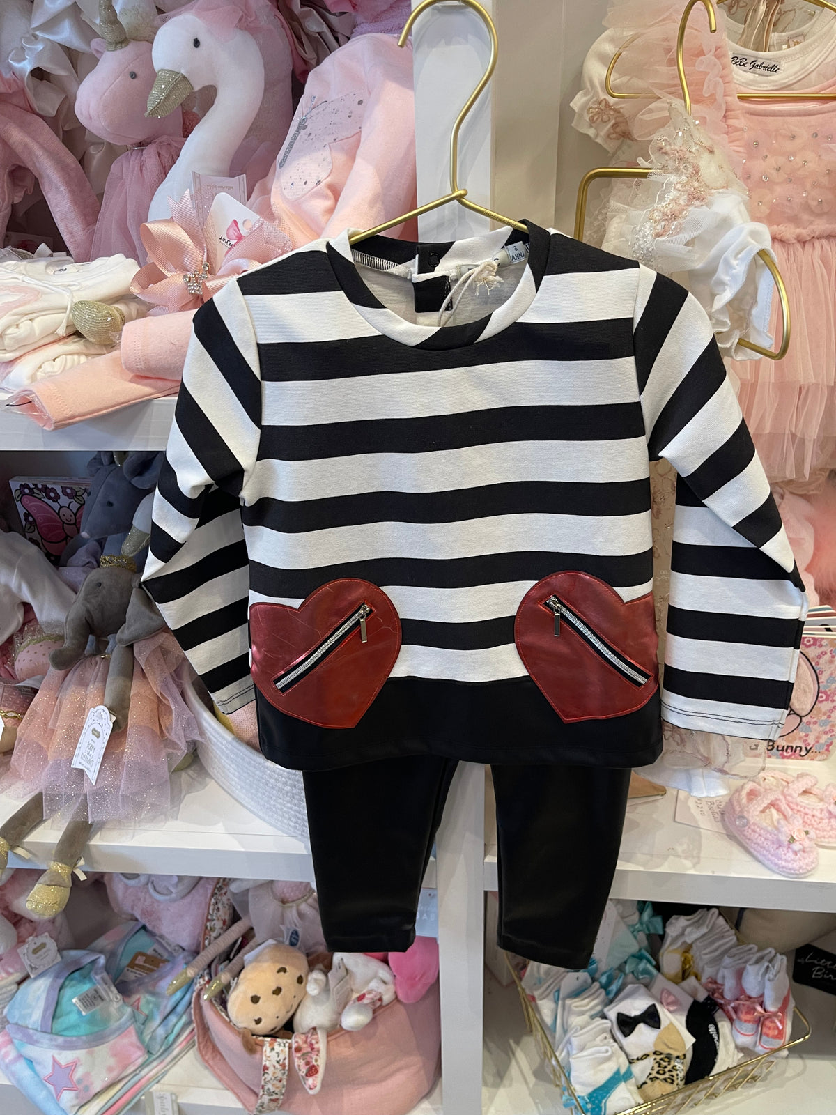 Black & White Striped Tunic w/Red Pleather Hearts & Black Pleather Legging