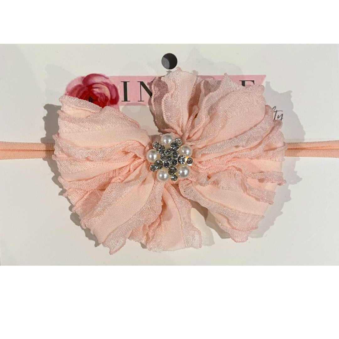 Ballet Pink Mini Ruffled Headband w/Pearl & Rhinestone