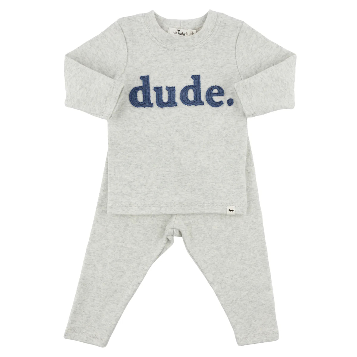 Denim "Dude" Ribbed Applique L/S 2pc Set-Heather Gray