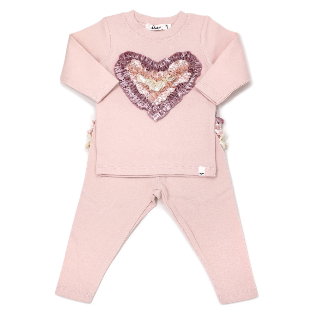 Velvet Filled Heart Blush L/S Ruffle Bottom 2pc. Set- Pale Pink