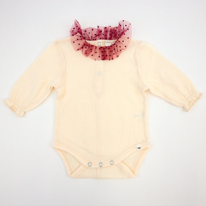 Vintage Berry Velvet Dots Ruffle Neck Pckr Onesie- Cream