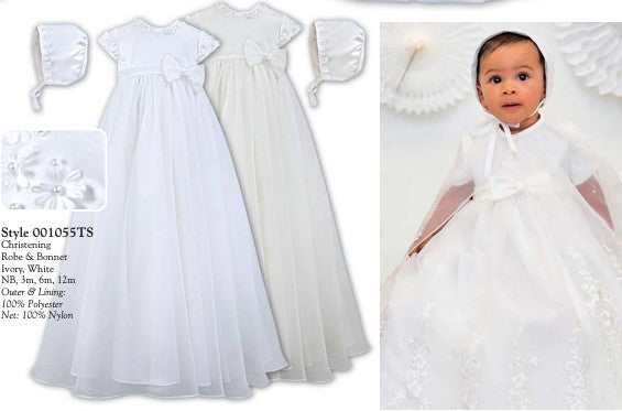 Silk Top & Tulle Bottom w Silk Belted Side Bow - Christening Robe & Bonnet - Ivory