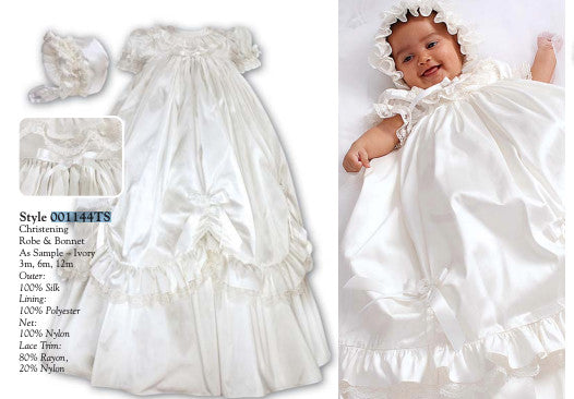 100% Silk Ceremonial Christening Robe & Bonnet - Ivory