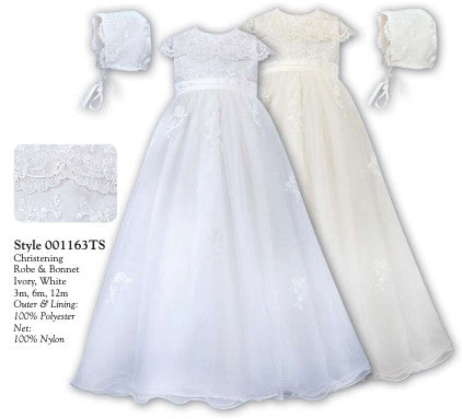 Tulle w Lace Applique & Silk Belt Christening Robe & Bonnet - Ivory