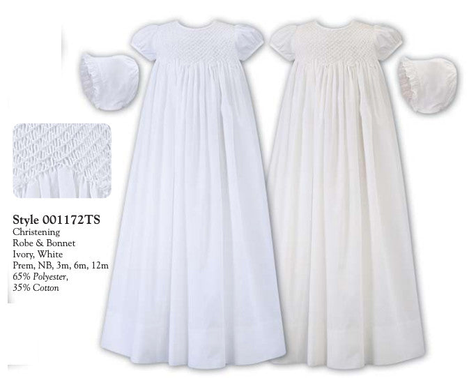 Hand Smocked Bodice Christening Robe & Bonnet - White