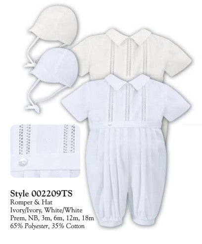 Mock Collar Romper w Vertical Pleats & Faux Button On Chest  Comes w Hat - White